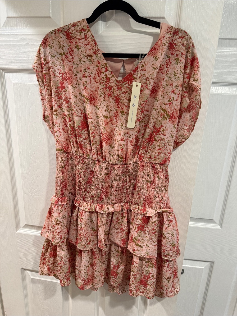 She + Sky Dusty Pink Floral Smocked Waist Tiered Mini Dress